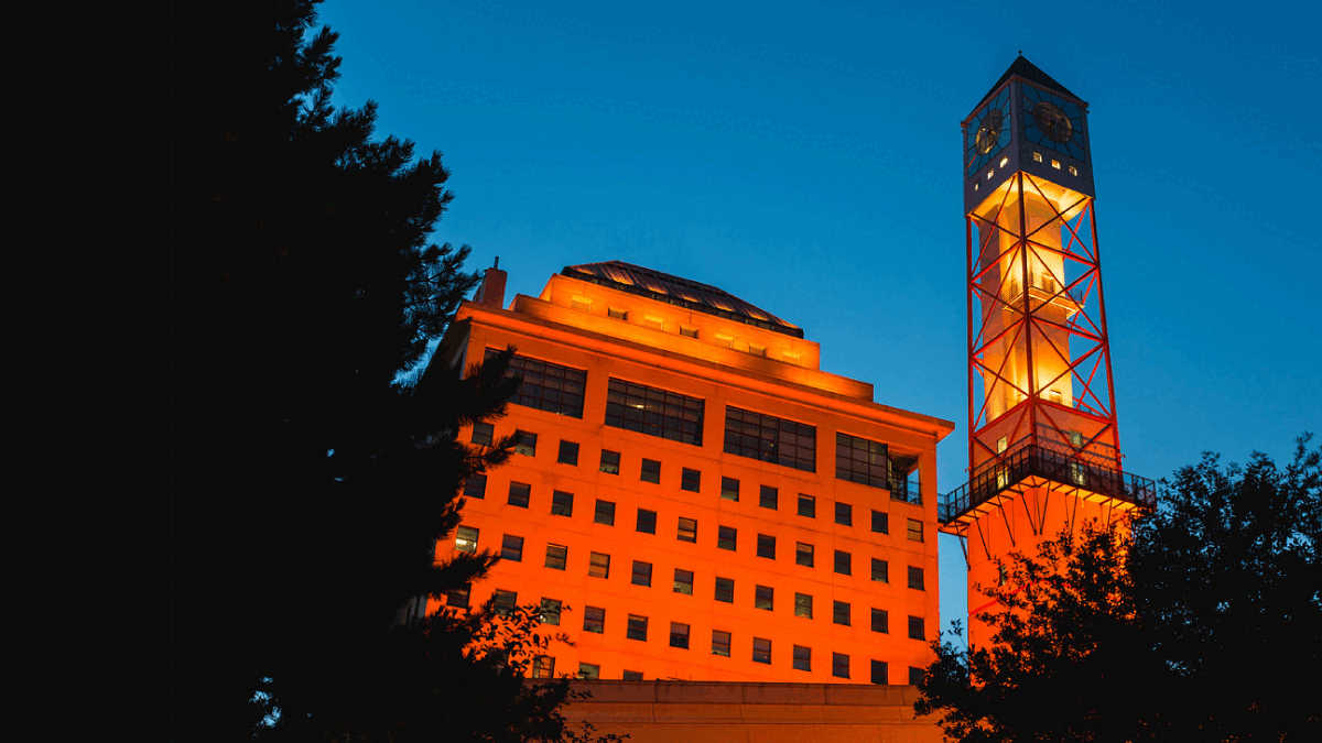 The Civic Centre clock tower lit up orange white and green